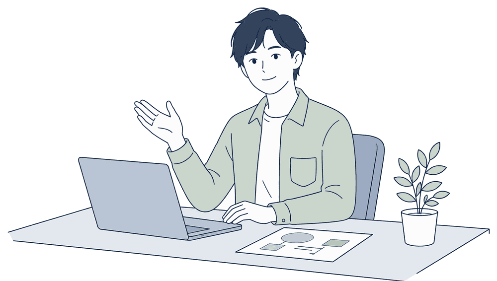 ノートパソコンに向かい、企画図を手元に置いて相談を受ける担当者のイラスト