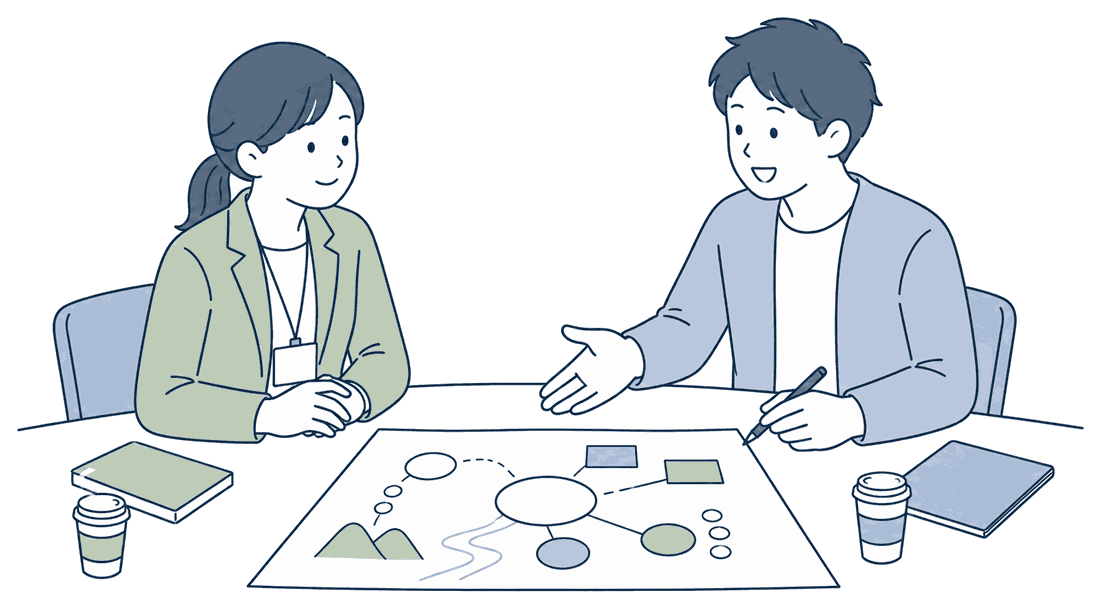 担当者と制作者がテーブルで企画図を広げて相談しているイラスト