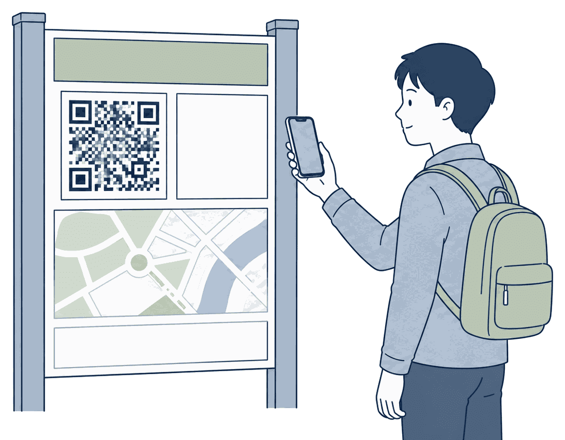 観光案内板のQRコードに、旅行者がスマートフォンをかざして読み取っているイラスト