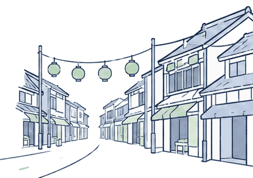 提灯の下がる商店街のイラスト