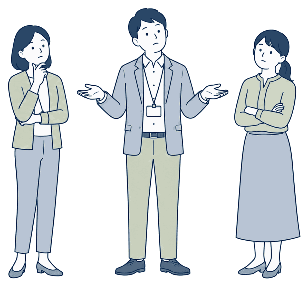 困った様子で考えている、自治体・観光協会の担当者3人のイラスト