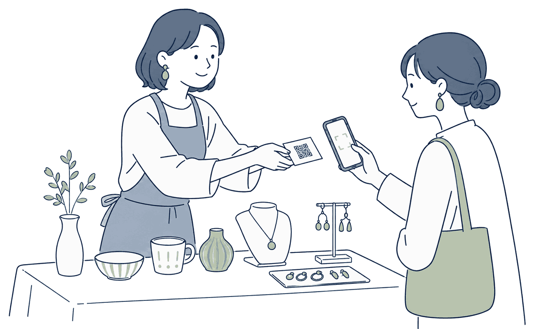 クラフト市の出店で、作家が差し出した名刺のQRコードを来場者がスマートフォンで読み取っているイラスト