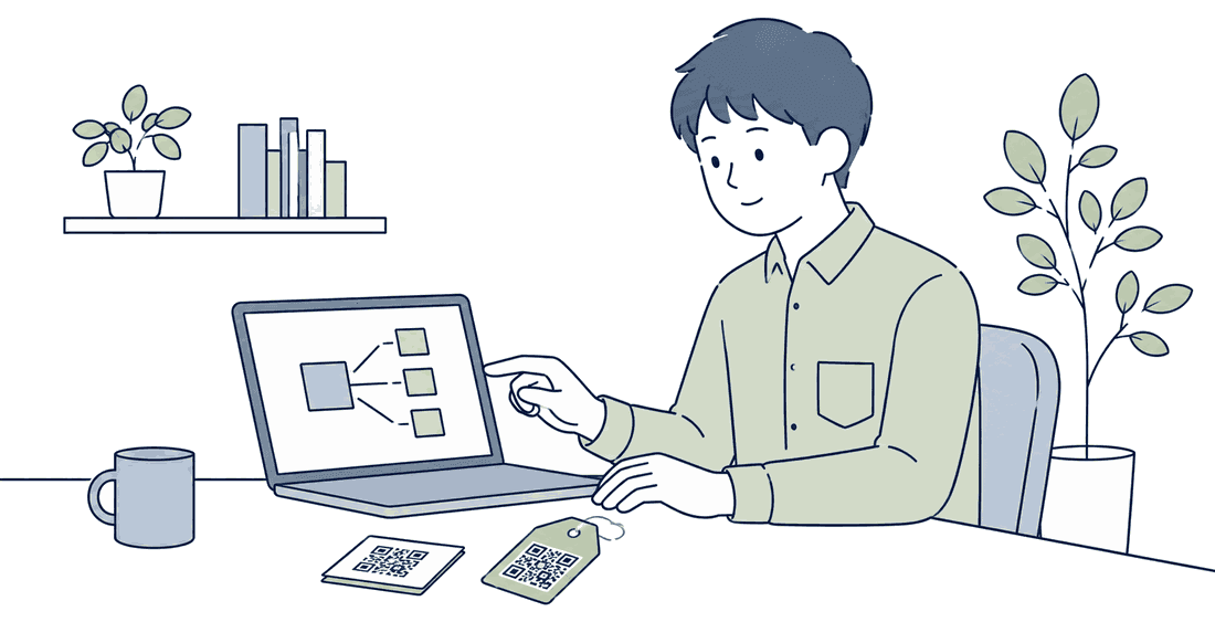 自宅のデスクでノートパソコンを開き、QRの行き先の振り分けを画面上で変更している人のイラスト。机には名刺と作品タグが置かれている